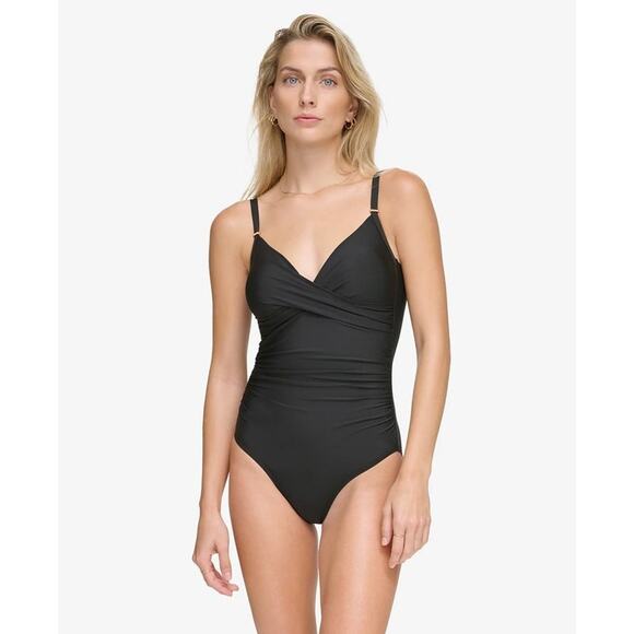 Calvin Klein Twist-Front Tummy-Control One-Piece Swimsuit In Black - Picture 1 of 6